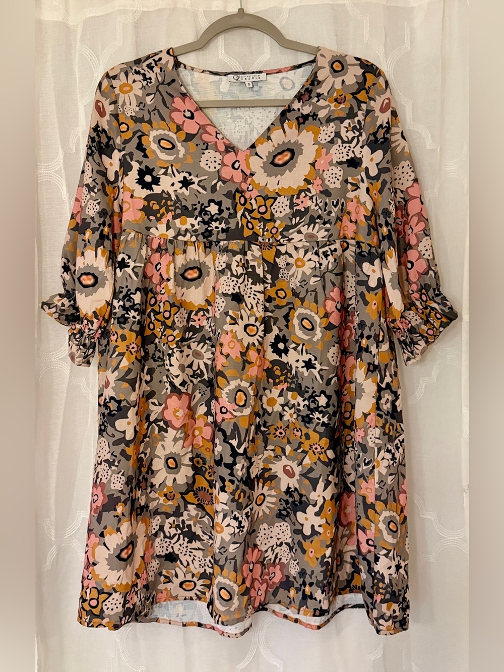 CZ Collection by Cezele Small Gray Pink Floral Babydoll Mini Dress Boho